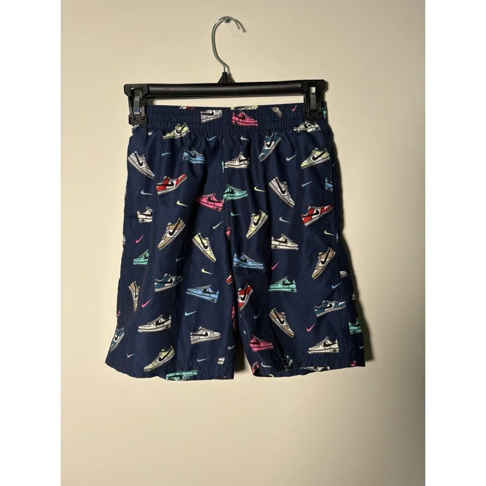 Nike Boys Multi Sneaker Volley Swim Shorts Trunks Navy Blue Shoe Print Youth M